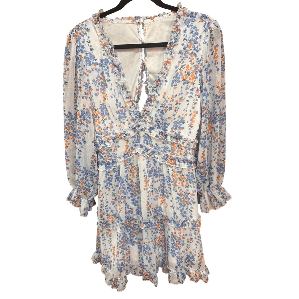 Floral Ruffle Mini Dress Blue Orange White Long Sleeve Cutout Back Size M